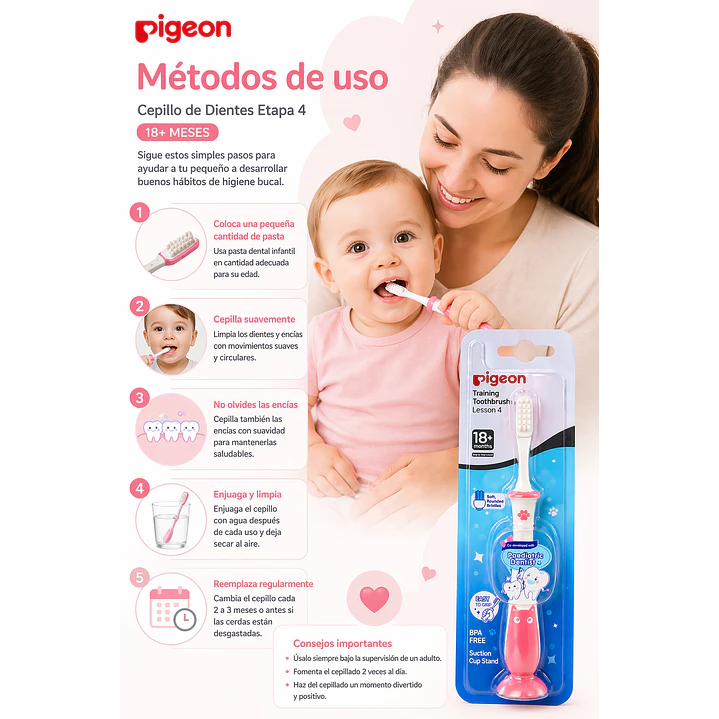 Cepillo De Dientes Etapa 4 Pigeon 18 Meses Color Rosa 5