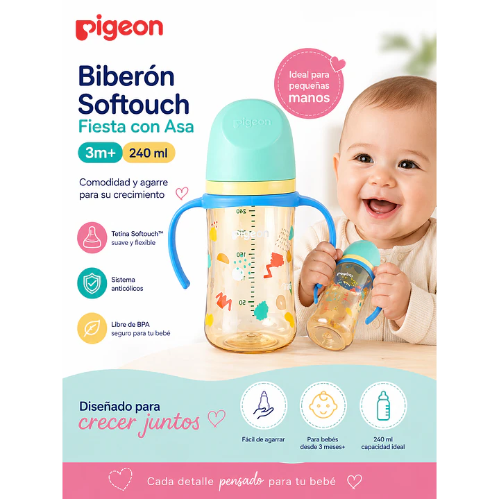 Biberon Softouch Pigeon Fiesta Con Asa 3m+ 240 Ml 2