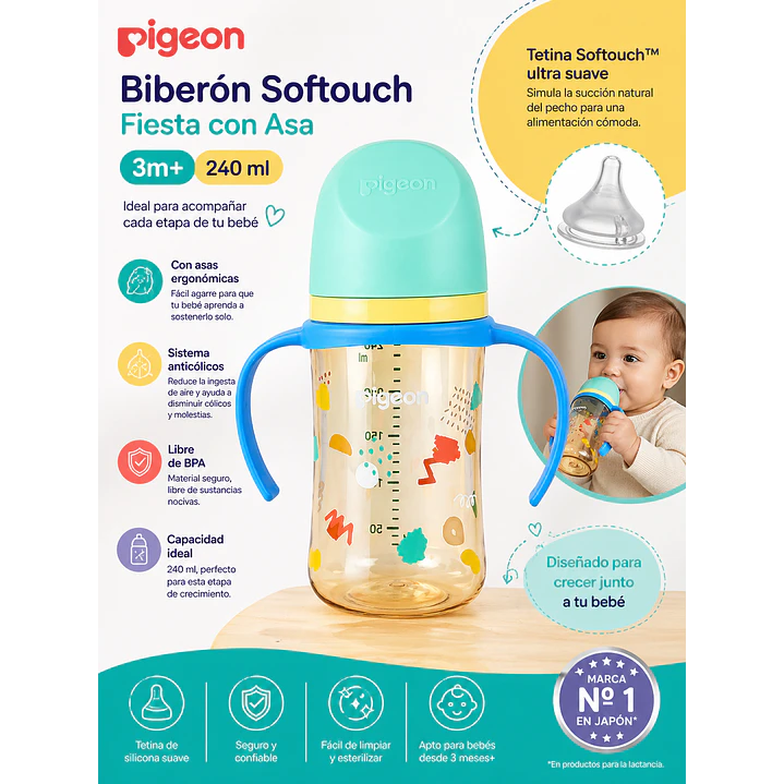 Biberon Softouch Pigeon Fiesta Con Asa 3m+ 240 Ml 3