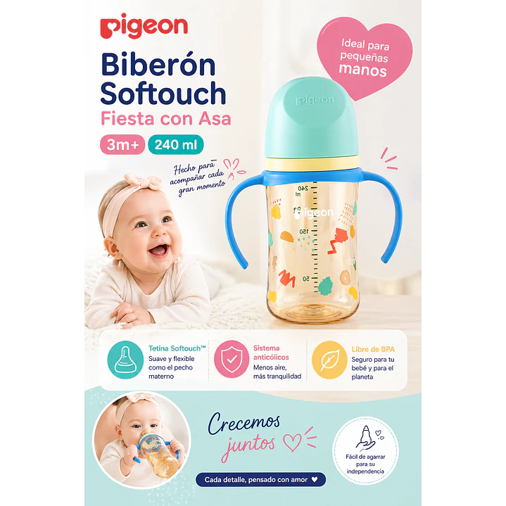 Biberon Softouch Pigeon Fiesta Con Asa 3m+ 240 Ml 4