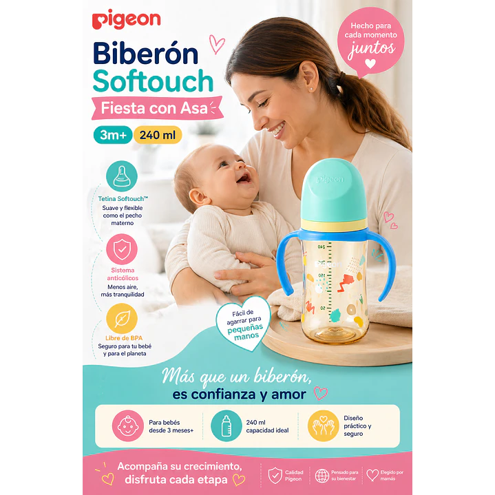 Biberon Softouch Pigeon Fiesta Con Asa 3m+ 240 Ml 5