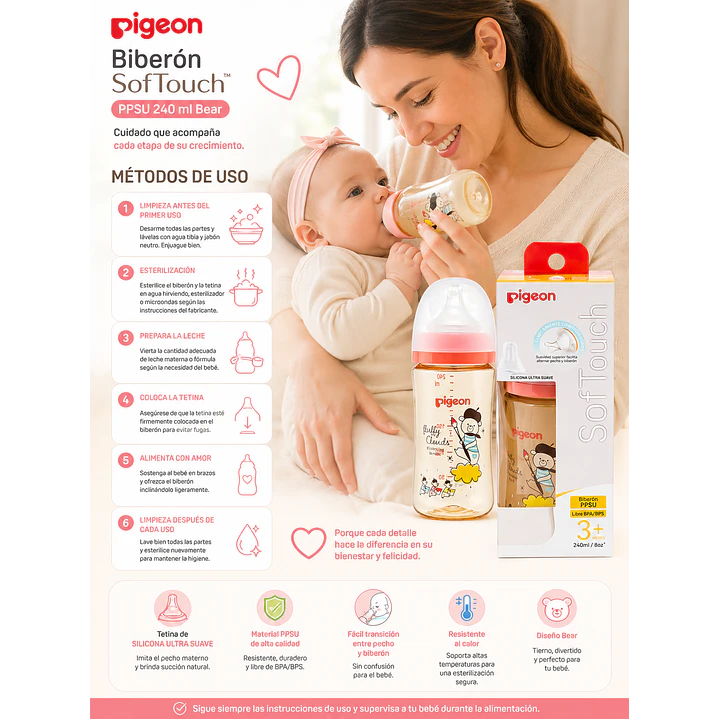 Biberón Pigeon SofTouch PPSU 240 ml Bear 6
