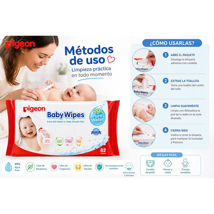 Pigeón Baby Wipes, Toallitas Húmedas, 99% Agua Pura 82 Und 6