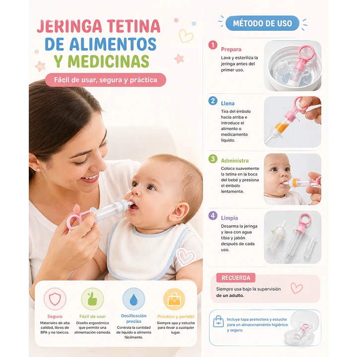 Jeringa Tetina Bebé Para Medicamentos y Alimentos + Estuche 5