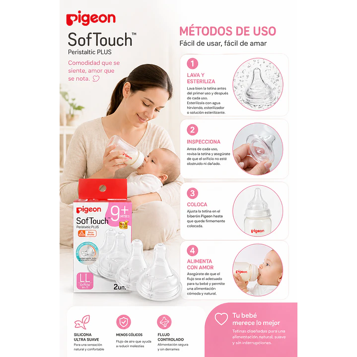 Tetinas Pigeon Softouch LL +9M Orificio Y Repuesto 2 Unidade 3
