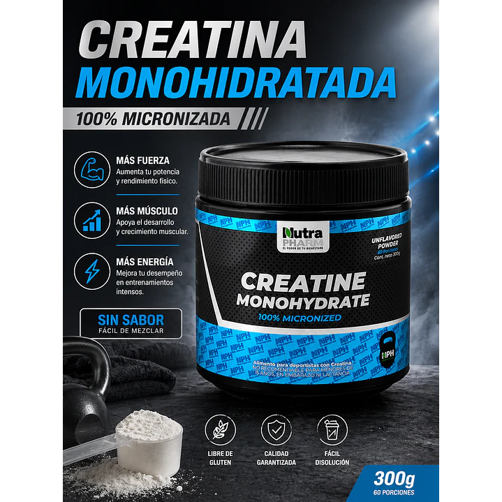 Creatina Monohidratada 300g Nutra Pharm Sin Sabor Libre de Gluten 2
