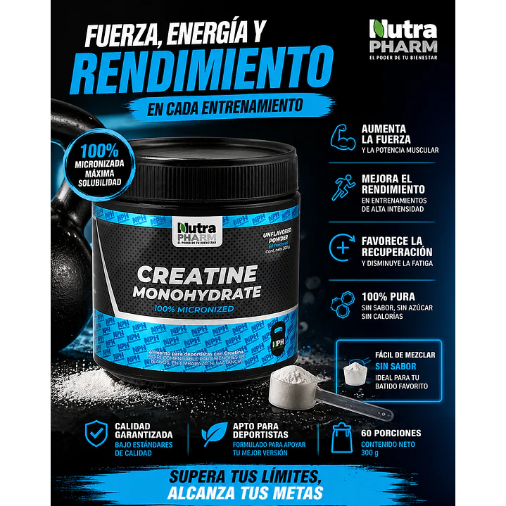 Creatina Monohidratada 300g Nutra Pharm Sin Sabor Libre de Gluten 4