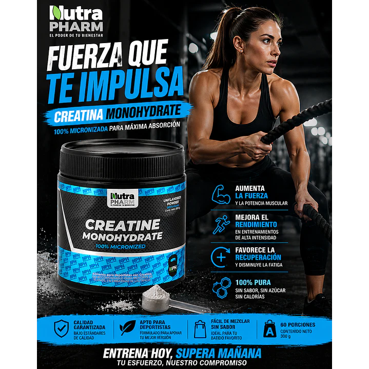 Creatina Monohidratada 300g Nutra Pharm Sin Sabor Libre de Gluten 2