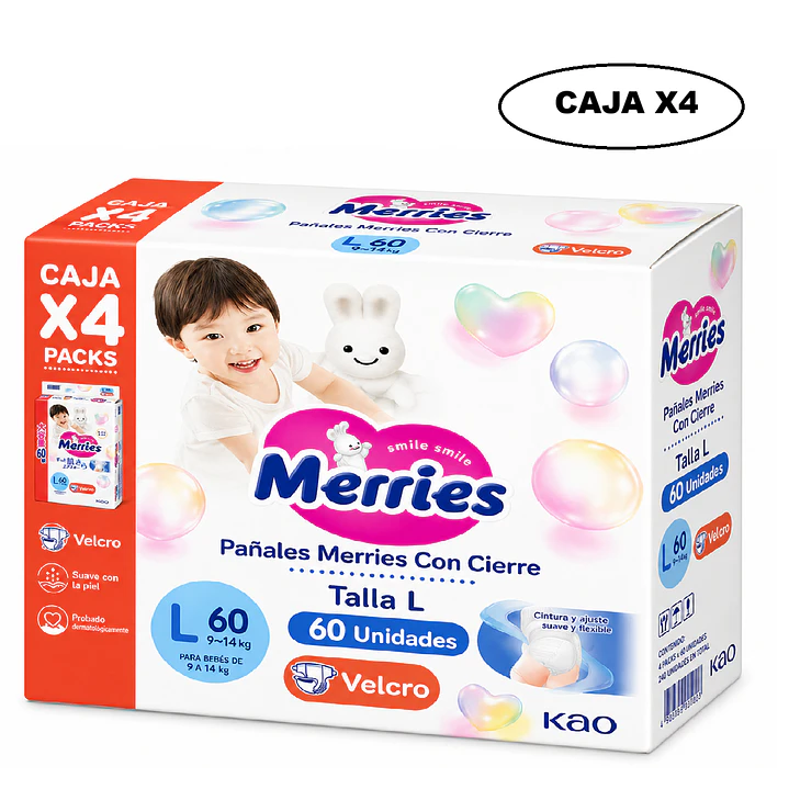 Pañales Merries Con Cierre Ultra Jumbo Talla  L 60 Unidades Caja x4 1