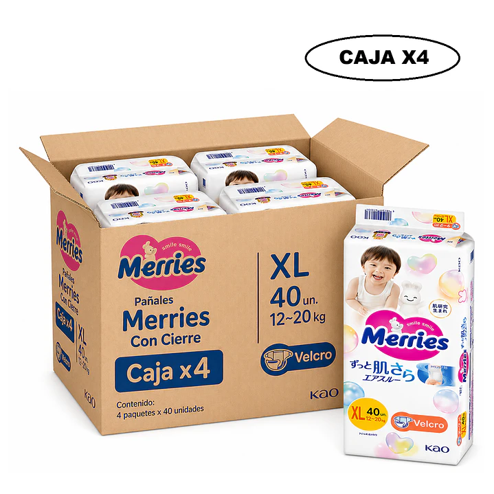 Pañales Merries Con Cierre XL 12-20 Kg X40 Unidades Caja x4 1
