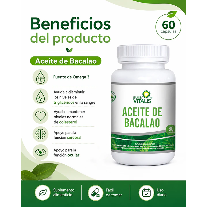 Aceite De Bacalao Aura Vitalis Sabor Natural  X60 Capsulas  2