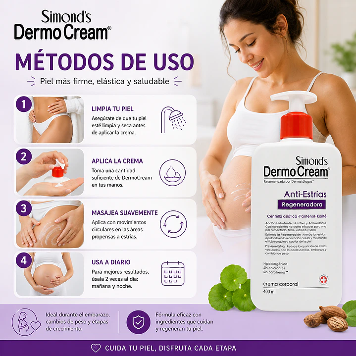 Crema Dermocream Anti Estrías Centella Asiática Y Pantenol 400 Ml  3