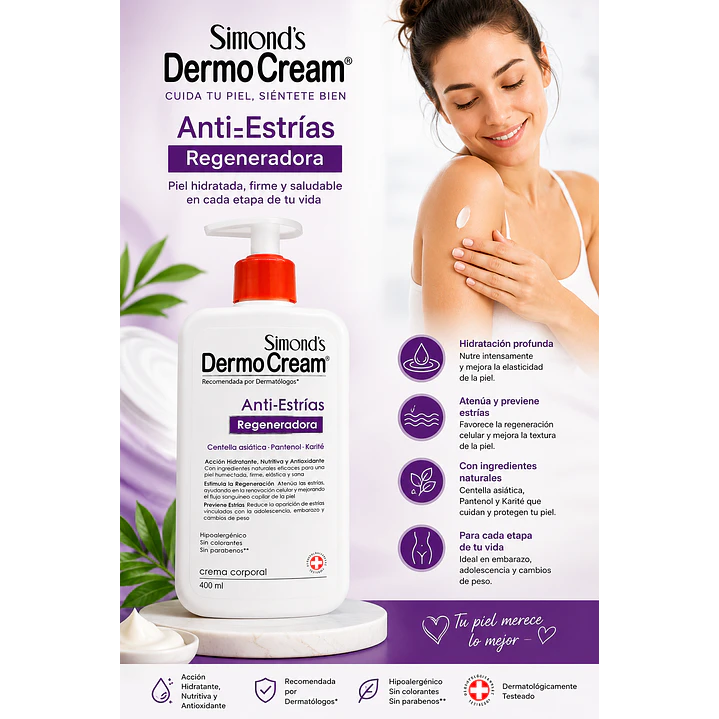 Crema Dermocream Anti Estrías Centella Asiática Y Pantenol 400 Ml  4