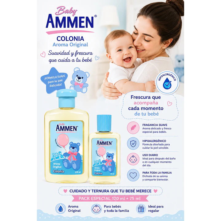 Colonia Ammen Pack 120ml + 75ml Hipoalergénicas Bebé 4