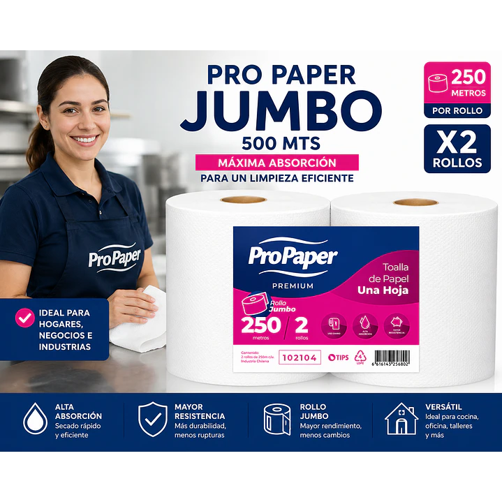 Toalla Propaper Jumbo 250 Mts x2 Rollos 3