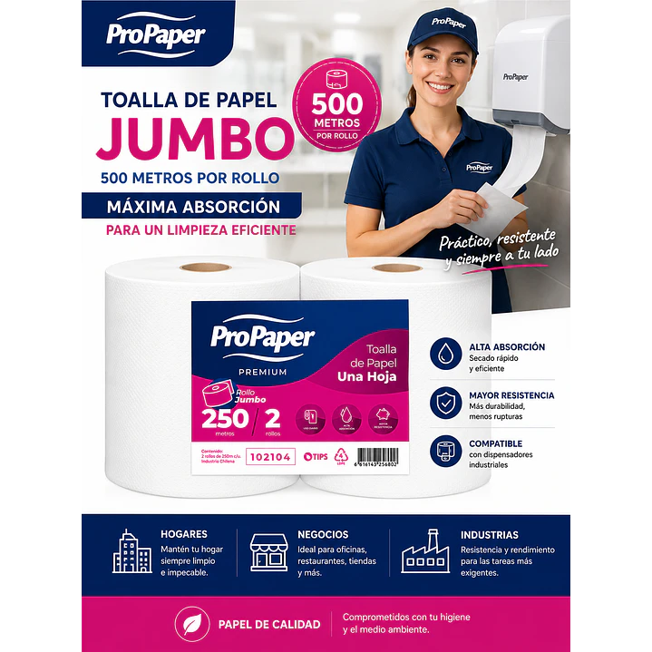 Toalla Propaper Jumbo 250 Mts x2 Rollos 6