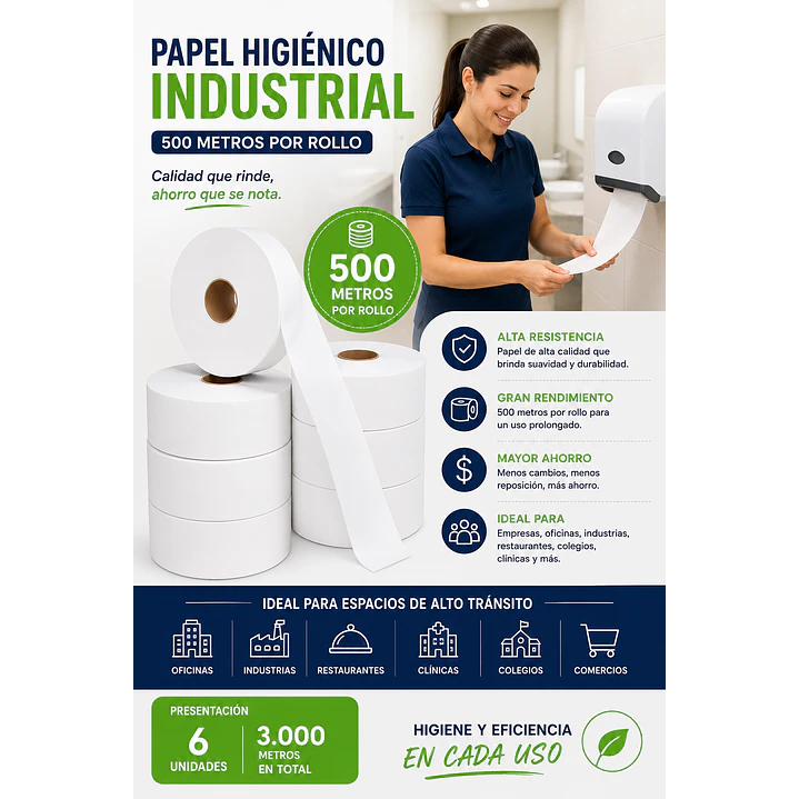 Papel De Baño Industrial 500 Mts X 6 Unidades (3.000 Mts) 7