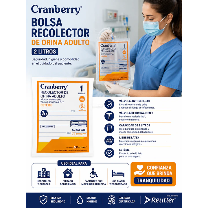 Bolsa Recolector Orina Adulto Cranberry 2 Litros Pack x 10 4