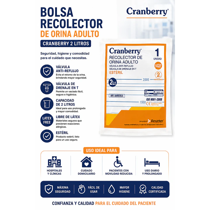 Bolsa Recolector Orina Adulto Cranberry 2 Litros Pack x 10 5