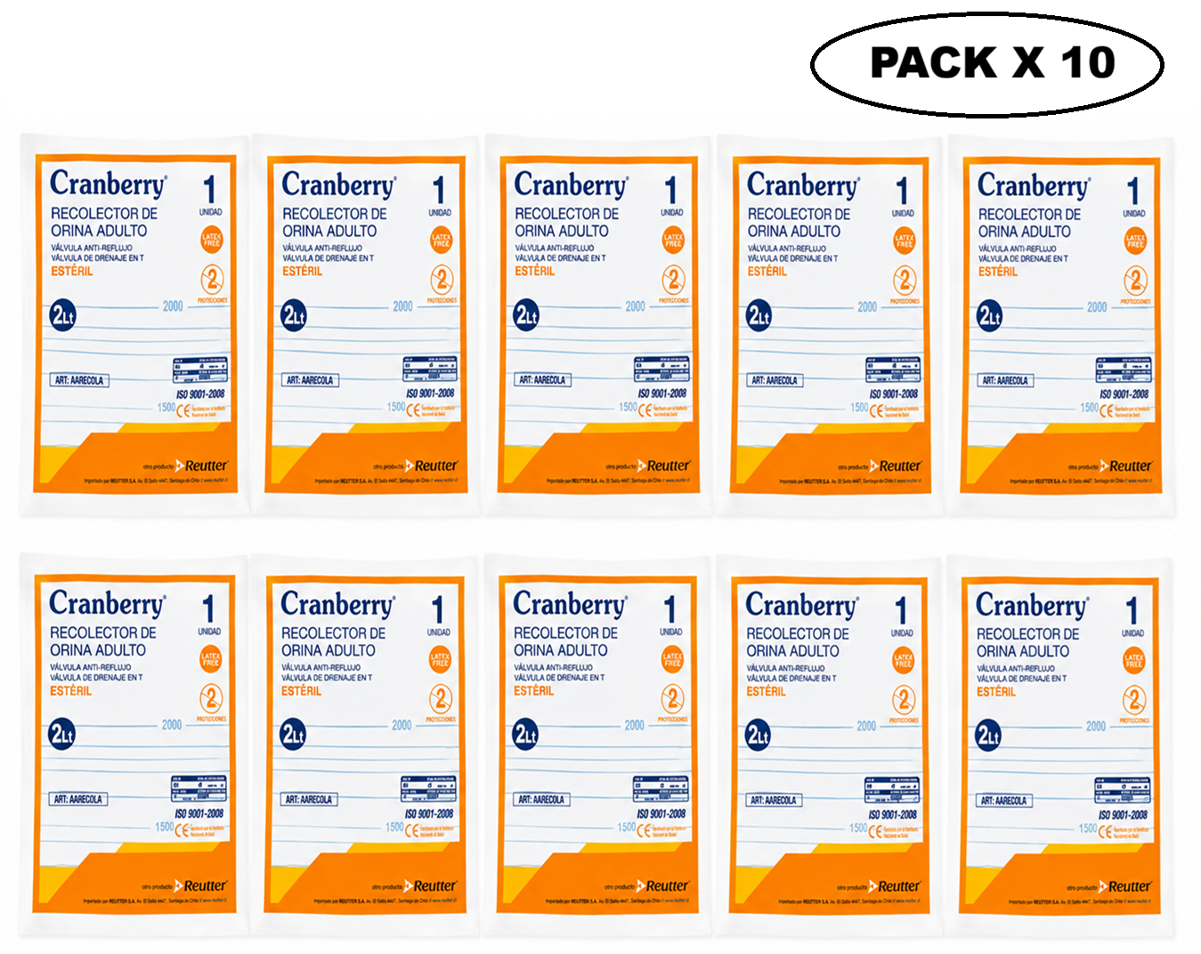 Bolsa Recolector Orina Adulto Cranberry 2 Litros Pack x 10