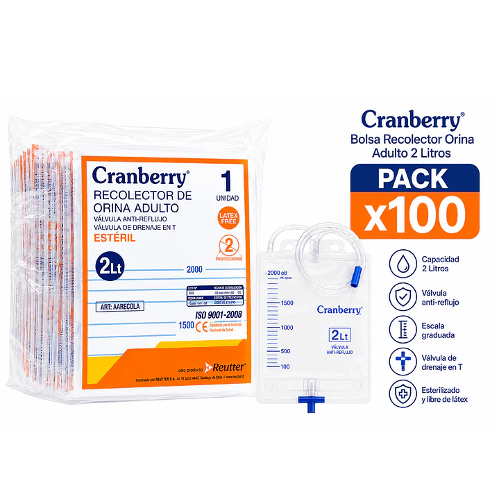 Bolsa Recolector Orina Adulto Cranberry 2 Litros Pack x 100 2