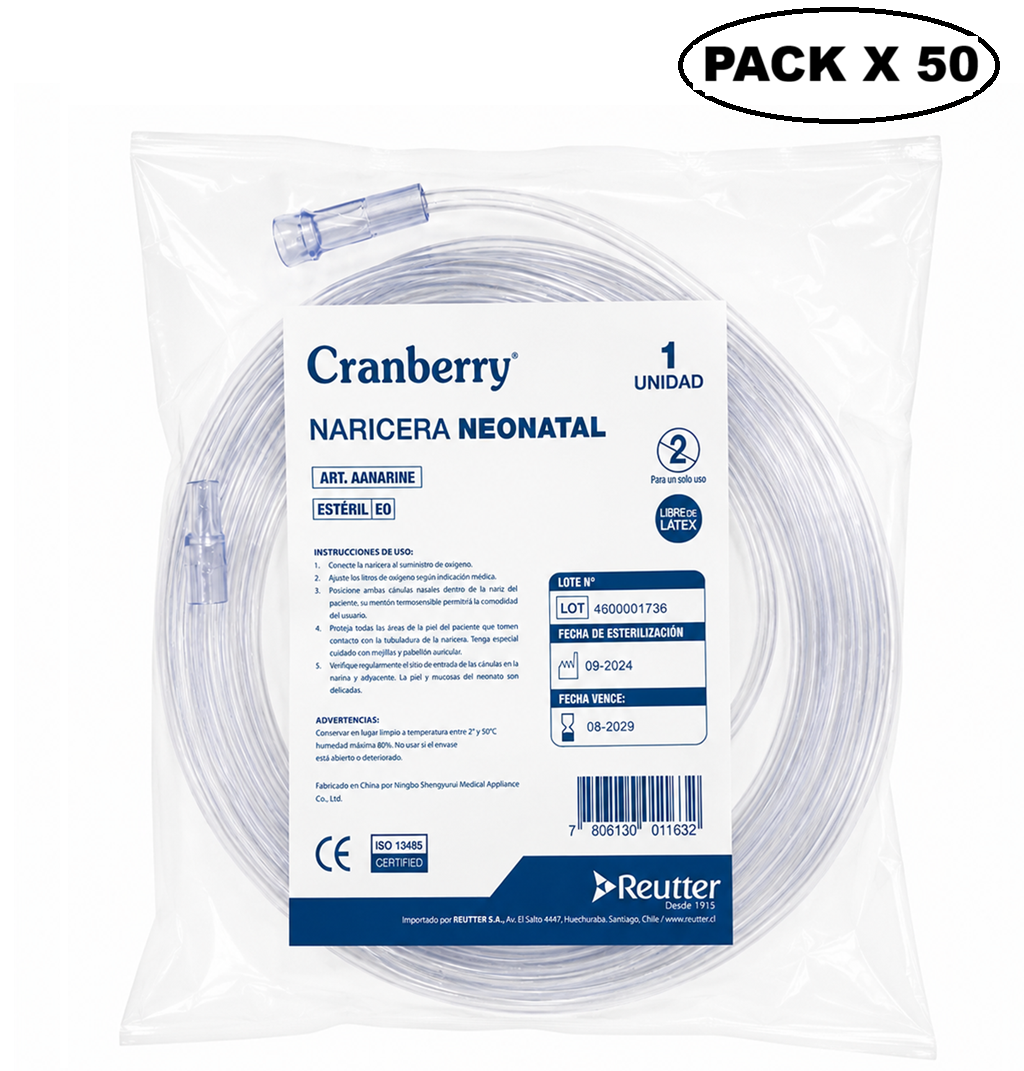 Canula Nasal De Oxigeno Naricera Bigotera Neonatal Pack x 50 Cranberry