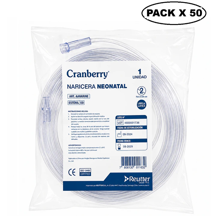 Canula Nasal De Oxigeno Naricera Bigotera Neonatal Pack x 50 Cranberry  1