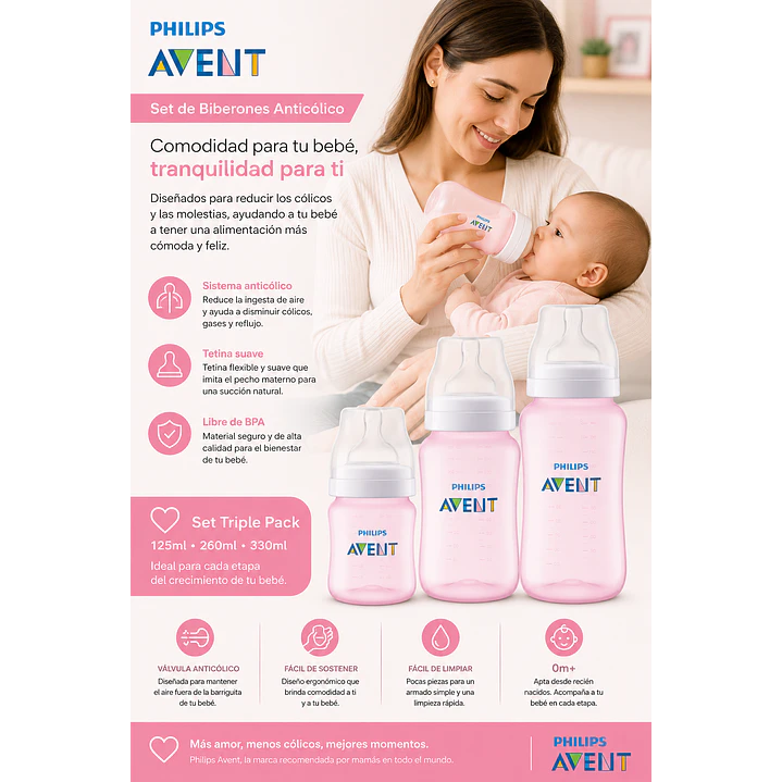 Set Avent Biberones Rosado 125ml 260ml y 330ml 9