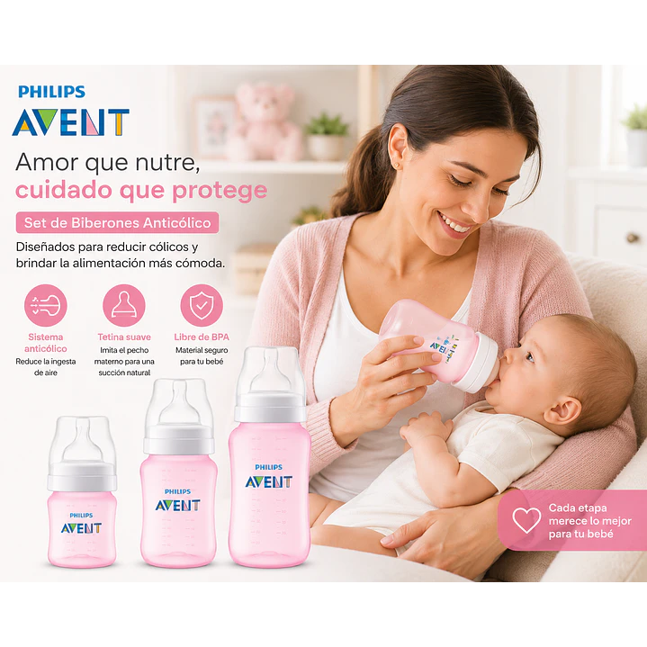 Set Avent Biberones Rosado 125ml 260ml y 330ml 6