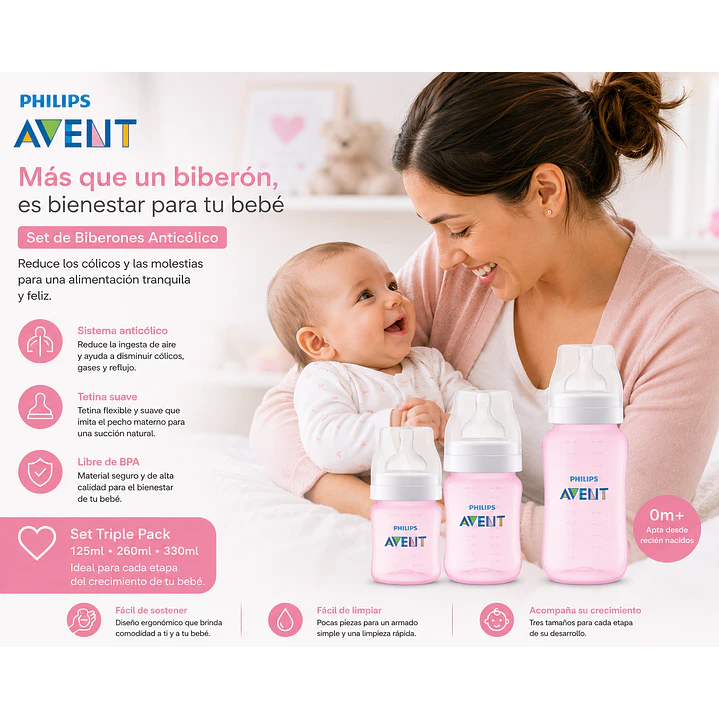 Set Avent Biberones Rosado 125ml 260ml y 330ml 5