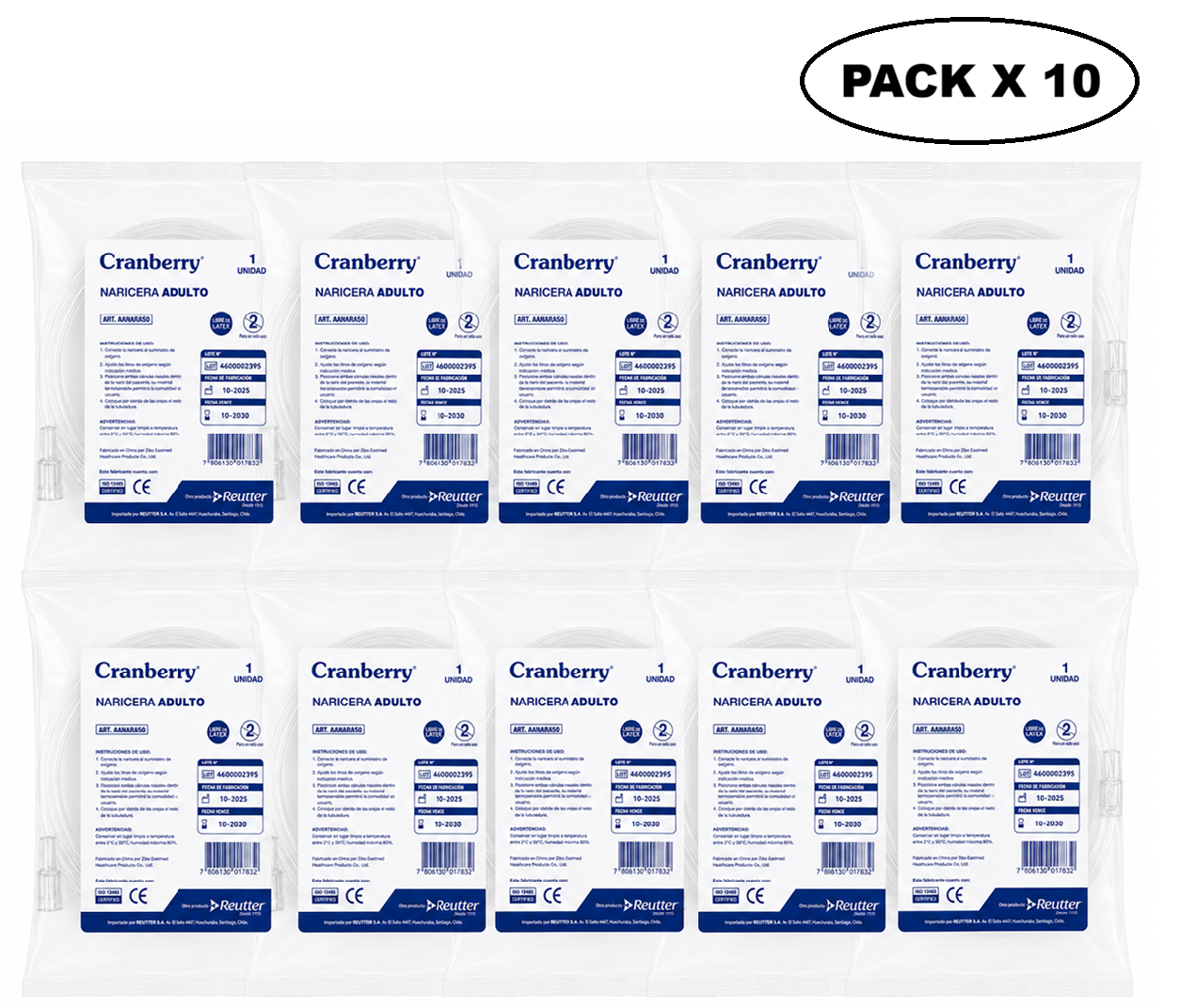 Canula Nasal De Oxigeno Naricera Bigotera Adulto Pack x 10