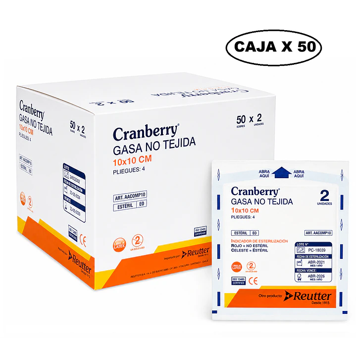 Gasa No Tejida Esteril Cranberry 10x10 cm Caja x50 Sobres 1