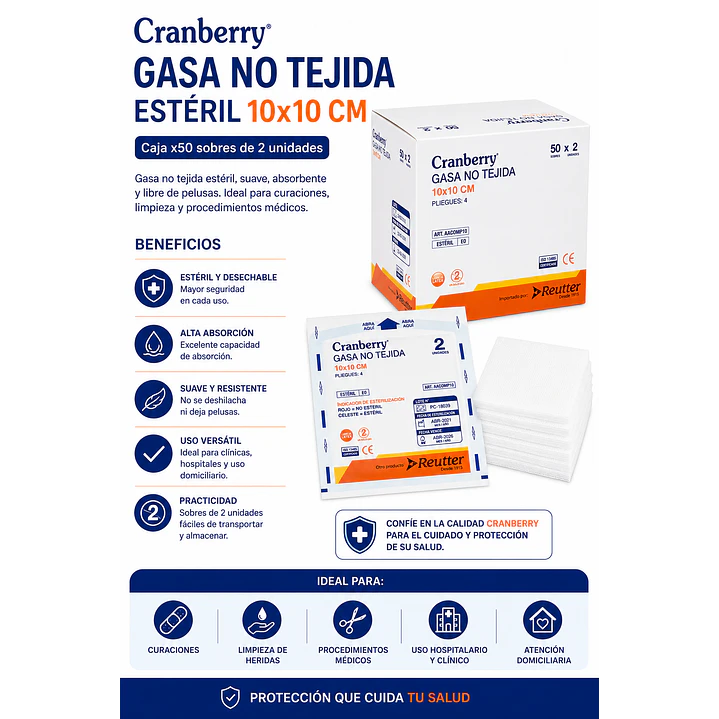Gasa No Tejida Esteril Cranberry 10x10 cm Caja x50 Sobres 4