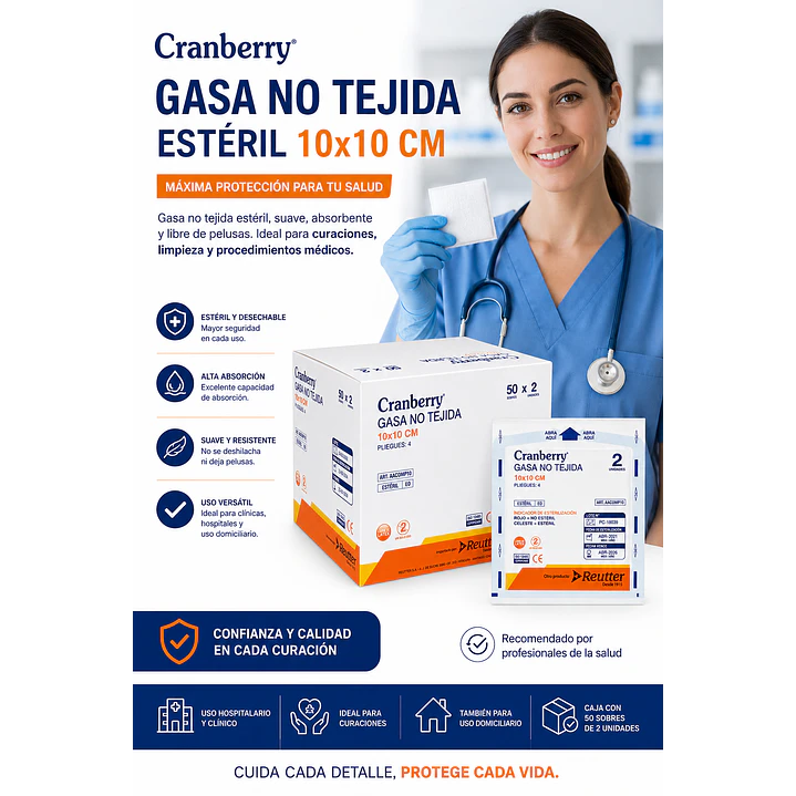 Gasa No Tejida Esteril Cranberry 10x10 cm Caja x50 Sobres 5