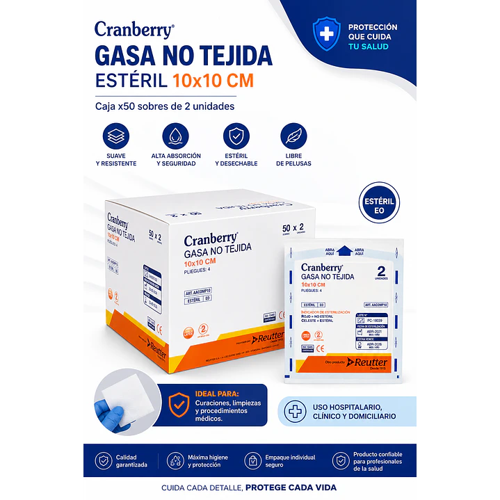 Gasa No Tejida Esteril Cranberry 10x10 cm Caja x50 Sobres 6