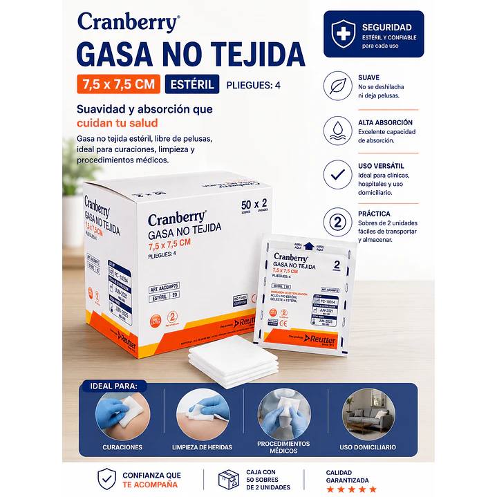 Gasa Estéril No Tejida Tamaño 7,5x7,5cm Caja x50 Sobres  4