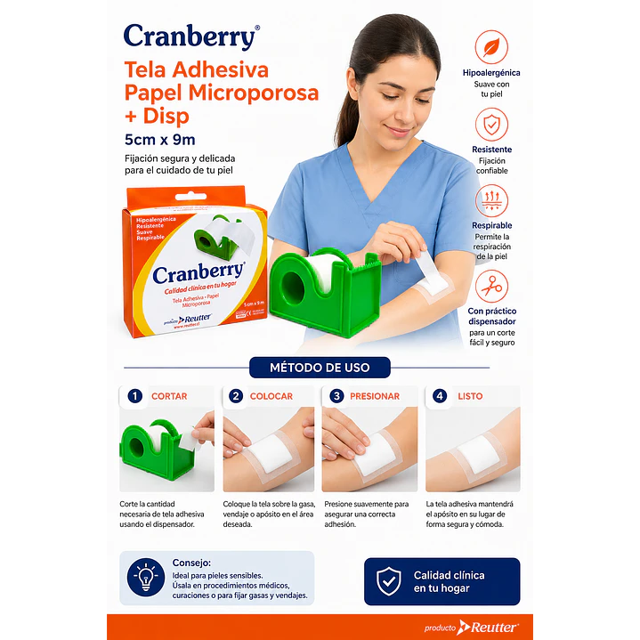 Tela Adhesiva Papel Microporosa + Disp Cranberry 5cmx9m  6