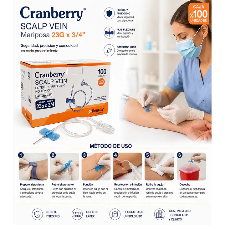 Mariposa Scalp Vein Cranberry 23g X 3/4 Caja x 100 6