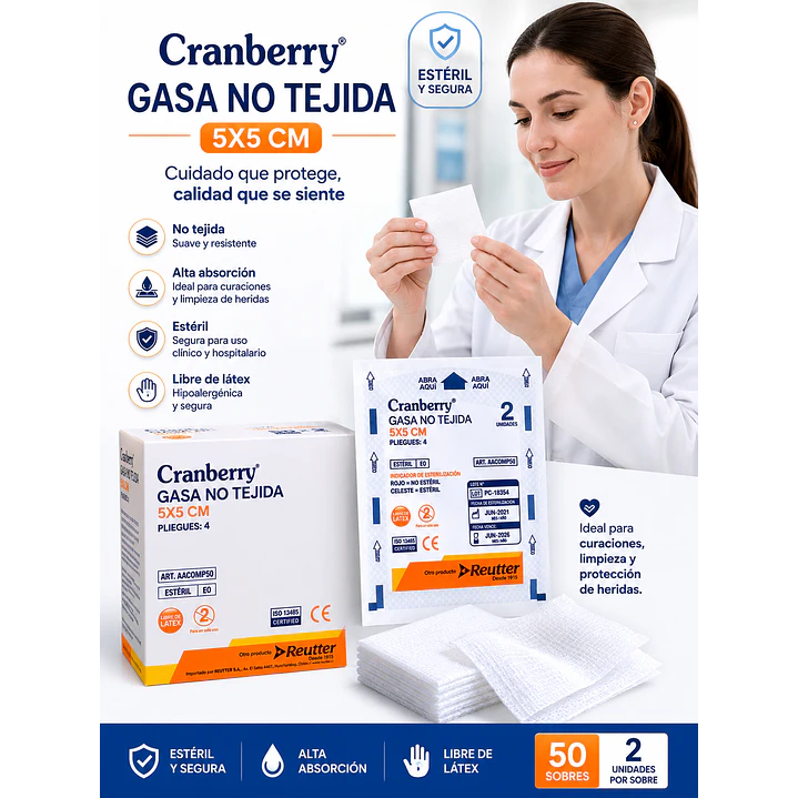 Gasa Estéril No Tejida Cranberry 5x5 cm Caja x 50 Unidades 3