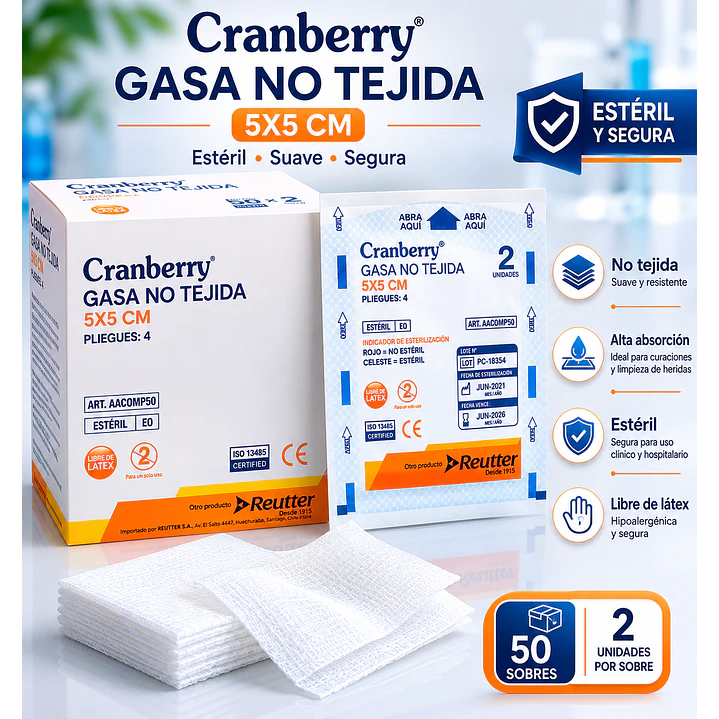 Gasa Estéril No Tejida Cranberry 5x5 cm Caja x 50 Unidades 4