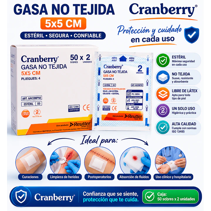Gasa Estéril No Tejida Cranberry 5x5 cm Caja x 50 Unidades 5