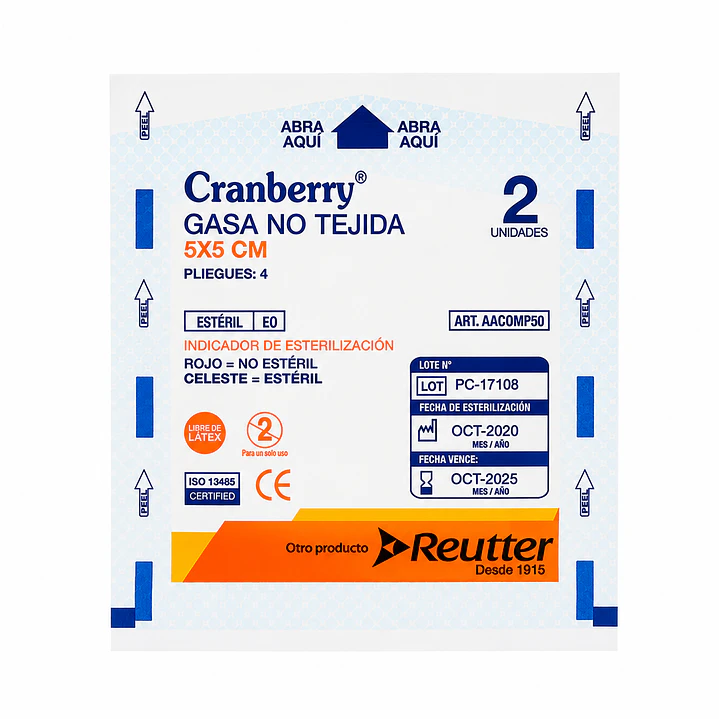 Gasa Estéril No Tejida Cranberry 5x5 cm Caja x 50 Unidades 2