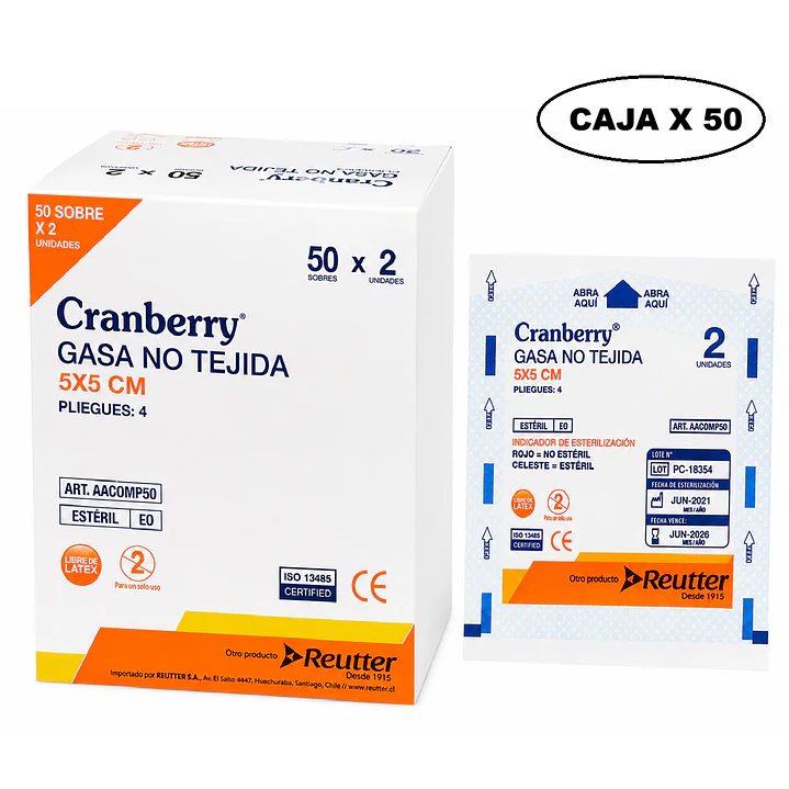 Gasa Estéril No Tejida Cranberry 5x5 cm Caja x 50 Unidades 1