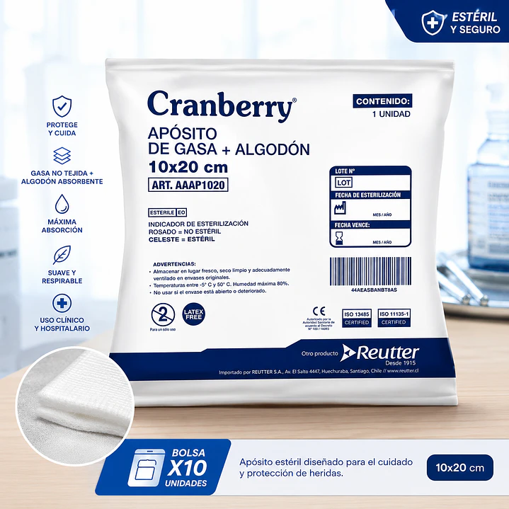 Aposito Gasa No Tejida + Algodon 10x20 Cranberry Bolsa X10 6