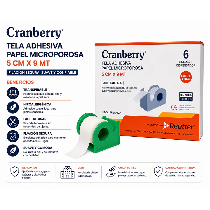 Tela Adhesiva Papel Microporosa 5cm X 9m Cranberry Caja x6 6
