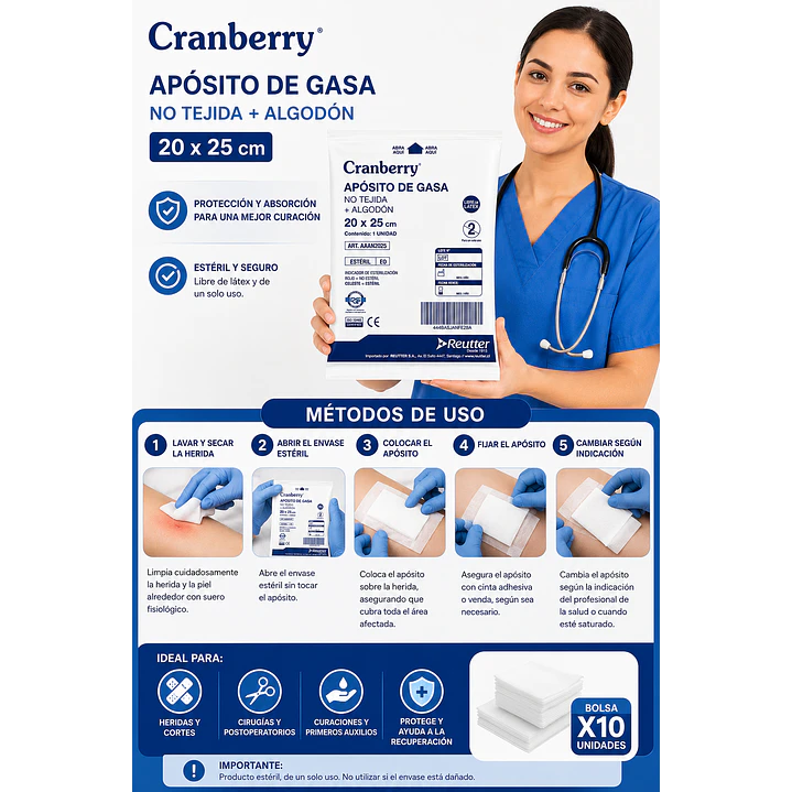 Aposito Gasa No Tejida + Algodon 20x25 Cranberry Bolsa X10 5