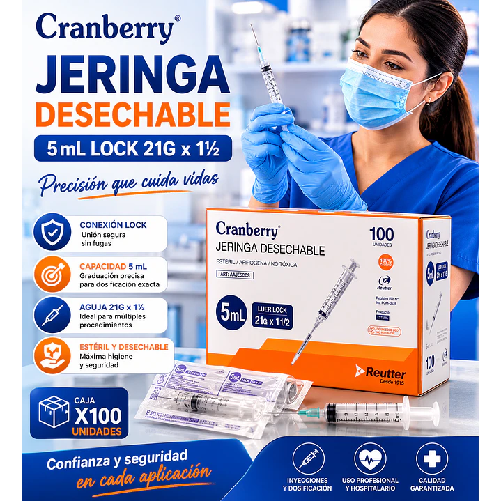 Jeringa Desechable Luer  Lock  5cc 21G x 1 1/2 Caja x100  3