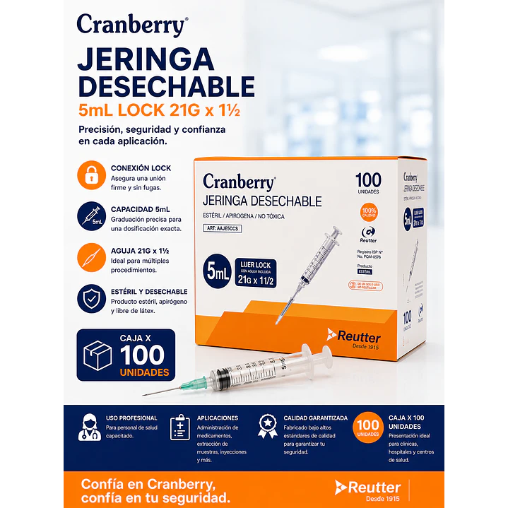 Jeringa Desechable Luer  Lock  5cc 21G x 1 1/2 Caja x100  5