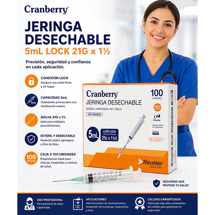 Jeringa Desechable Luer  Lock  5cc 21G x 1 1/2 Caja x100  6