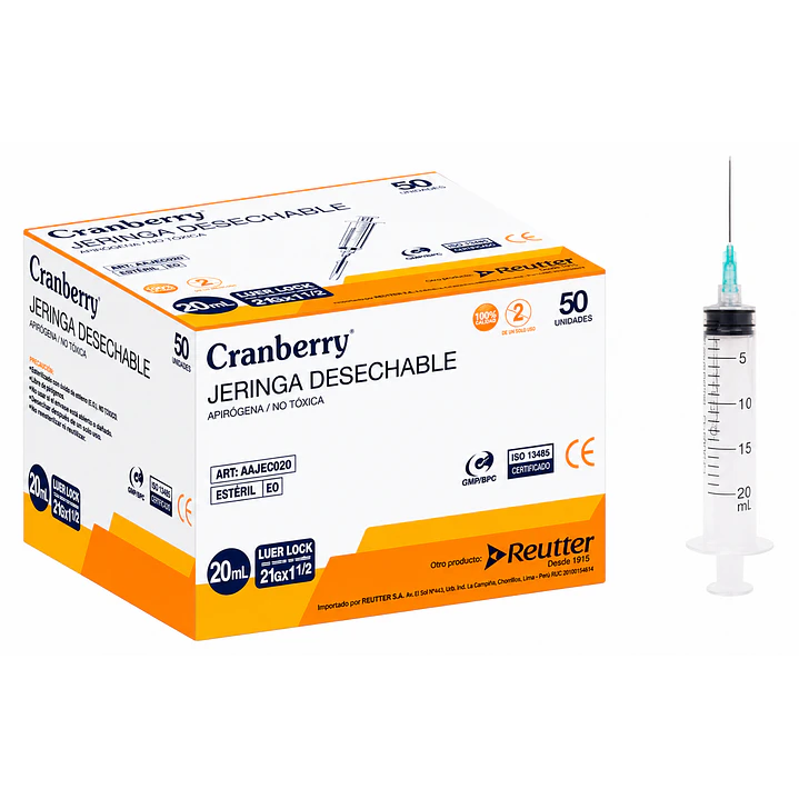 Jeringa Desechable Luer Lock 20ml 21g X 1 1/2 Caja X50  1